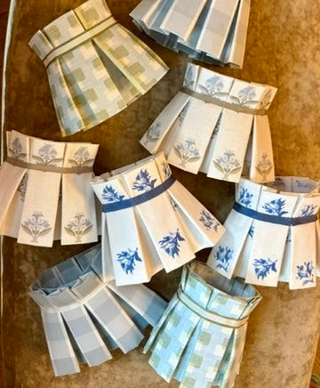 Pleated fabric lampshade for tabletop lamp - Christopher Farr cloth blue and green