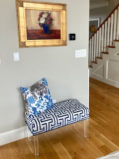 Custom upholstered acrylic bench with Thibaut Ming Trail
