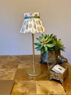 Gold tabletop rechargable lamp with fabric lampshade