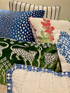 Lumbar pillow with Schumacher blue and white flange