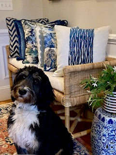 Color block pillow - wavy blue velvet stripe