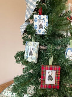 Holiday plaid fabric wrapped photo frame tree ornament