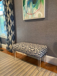 Custom upholstered acrylic bench with Thibaut Ming Trail