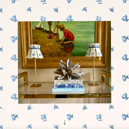 Pleated fabric lampshade for tabletop lamp - Schumacher blue floral