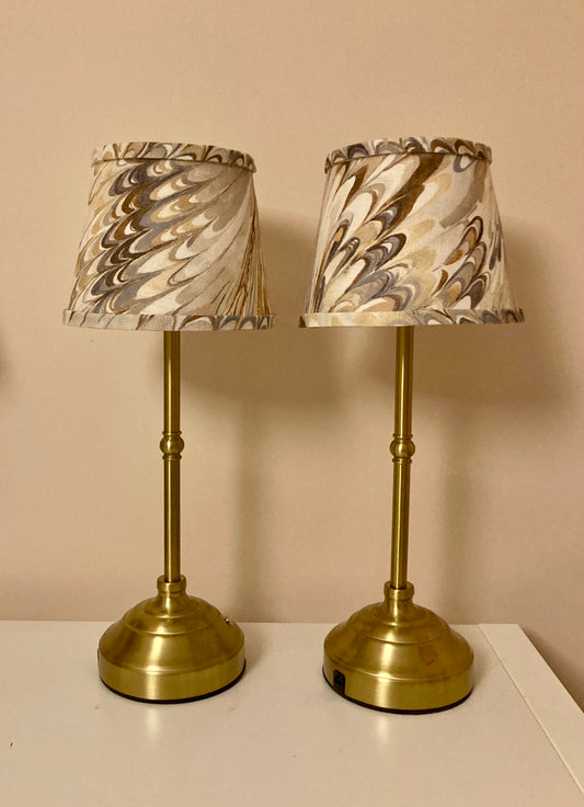 Brass colored larger cordless rechargable lamp with fabric lampshade