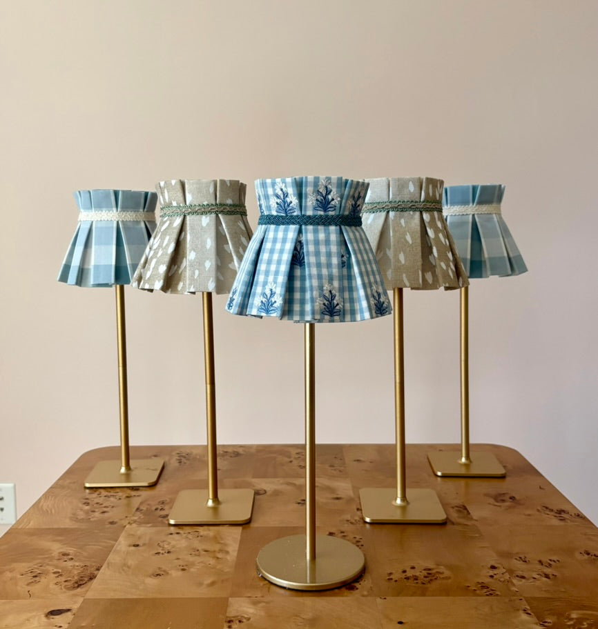 Pleated fabric lampshade for cordless tabletop lamp - Antelope with tartan plaid banding trim
