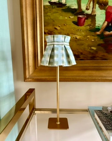 Pleated fabric lampshade for tabletop lamp - Christopher Farr cloth blue and green