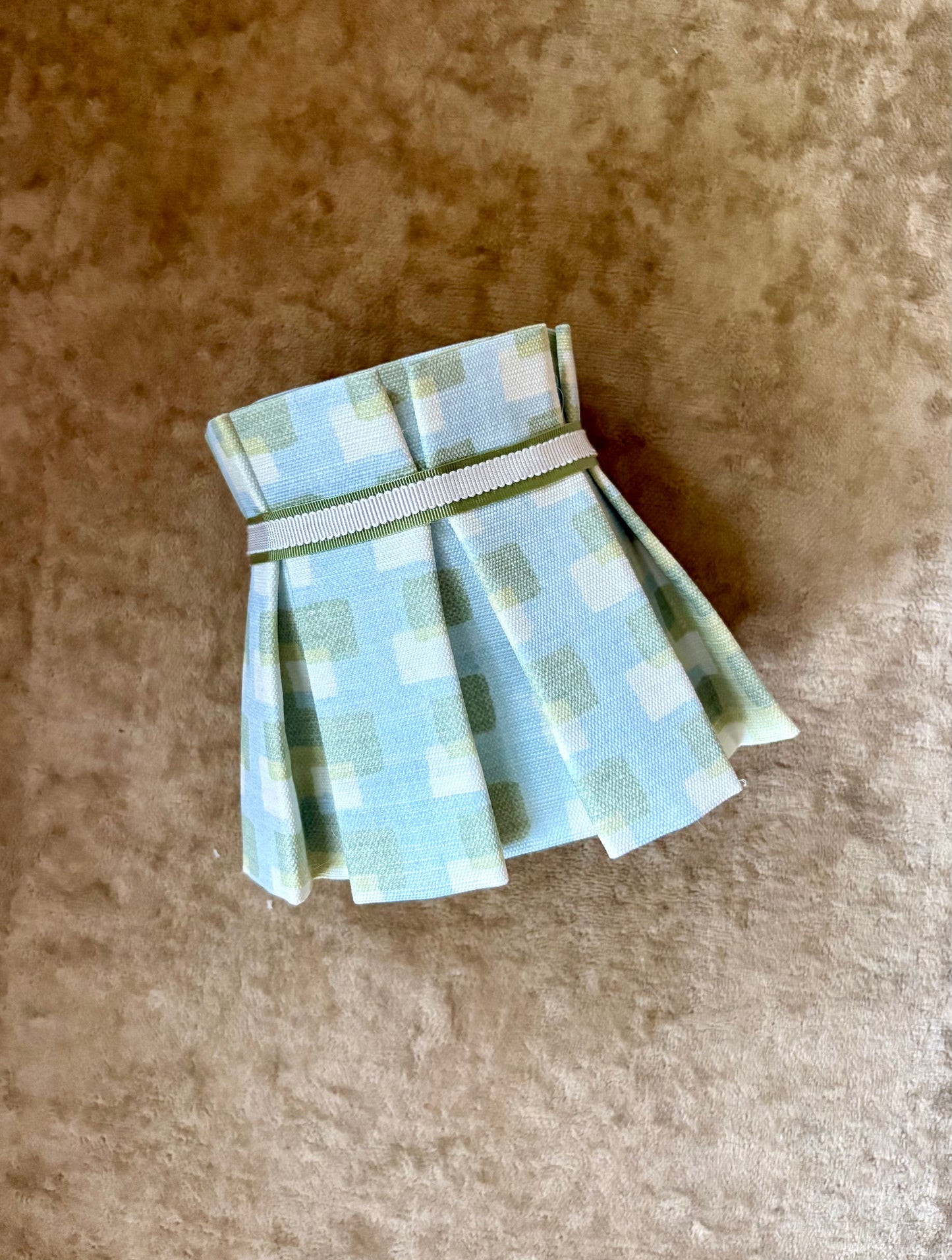 Pleated fabric lampshade for tabletop lamp - Christopher Farr cloth blue and green