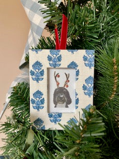 Blue and White Thibaut "Julian" fabric wrapped photo frame tree ornament