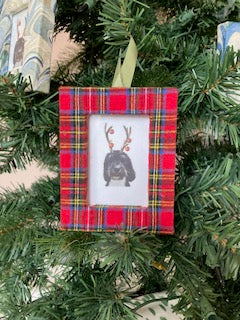 Holiday plaid fabric wrapped photo frame tree ornament