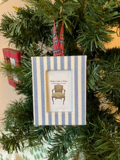 Blue and White Stripe fabric wrapped photo frame tree ornament