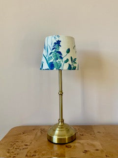 Brass colored larger cordless rechargable lamp with fabric lampshade